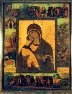 Владимирская икона Божией Матери с историческими клеймами о победе над ханом Ахматом в 1480 году. 