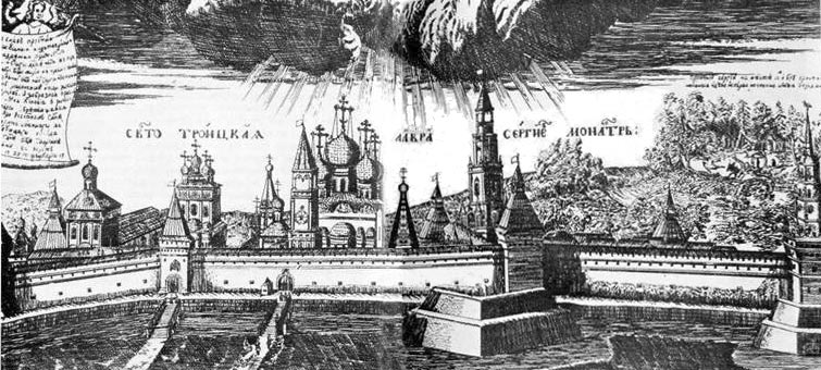 Троицкий монастырь в начале XVIII века. Вид с востока. Гравюра И. Ф. Зубова. 1725