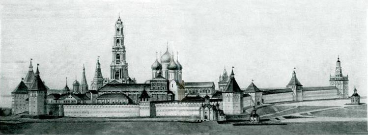Панорама монастыря. Вид с юга, Проект реставрации. Чертеж В. И. Балдина. 1963