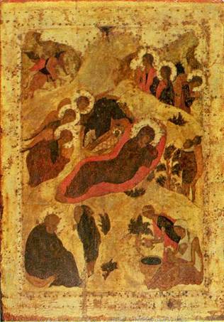 Рождество Христово. Икона праздничного чина иконостаса Троицкого собора. XV в.