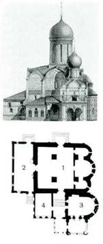 Троицкий собор с пристройками. Вид с юга. Проект реставрации. Чертеж В. И. Балдина
