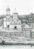 Центральная часть монастыря в XV веке. Вид с запада: рубленая ограда, Троицкий собор
