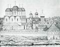 Центральная часть монастыря в XVI веке. Вид с запада: крепостная стена с Пивной башней
