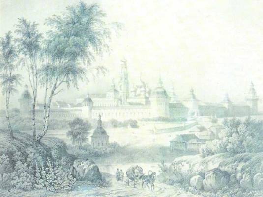 Вид на Троицкий монастырь. Гравюра. XIX век