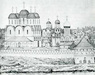 Центральная часть монастыря в XVI веке. Вид с запада: крепостная стена с Пивной башней