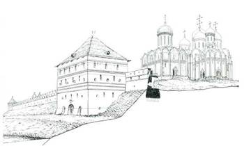 Троицкий монастырь в XVI веке. Вид с юго-запада. Реконструкция В. И. Балдина