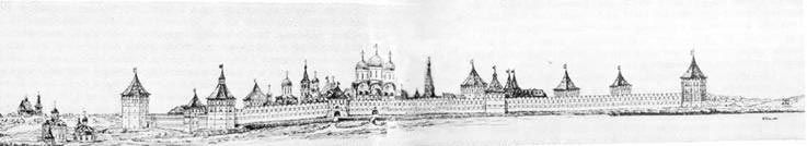 Панорама монастыря после надстройки стен и башен в середине XVII века. Реконструкция В. И. Балдина