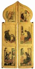Царские врата с изображением Благовещения и евангелистов. 1425-1427 годы
