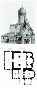 Троицкий собор с пристройками. Вид с юга. Проект реставрации. Чертеж В. И. Балдина
